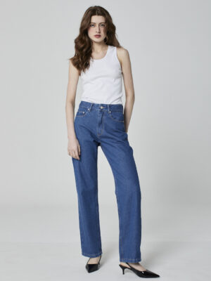 Calça Reta Jeans Azul Médio