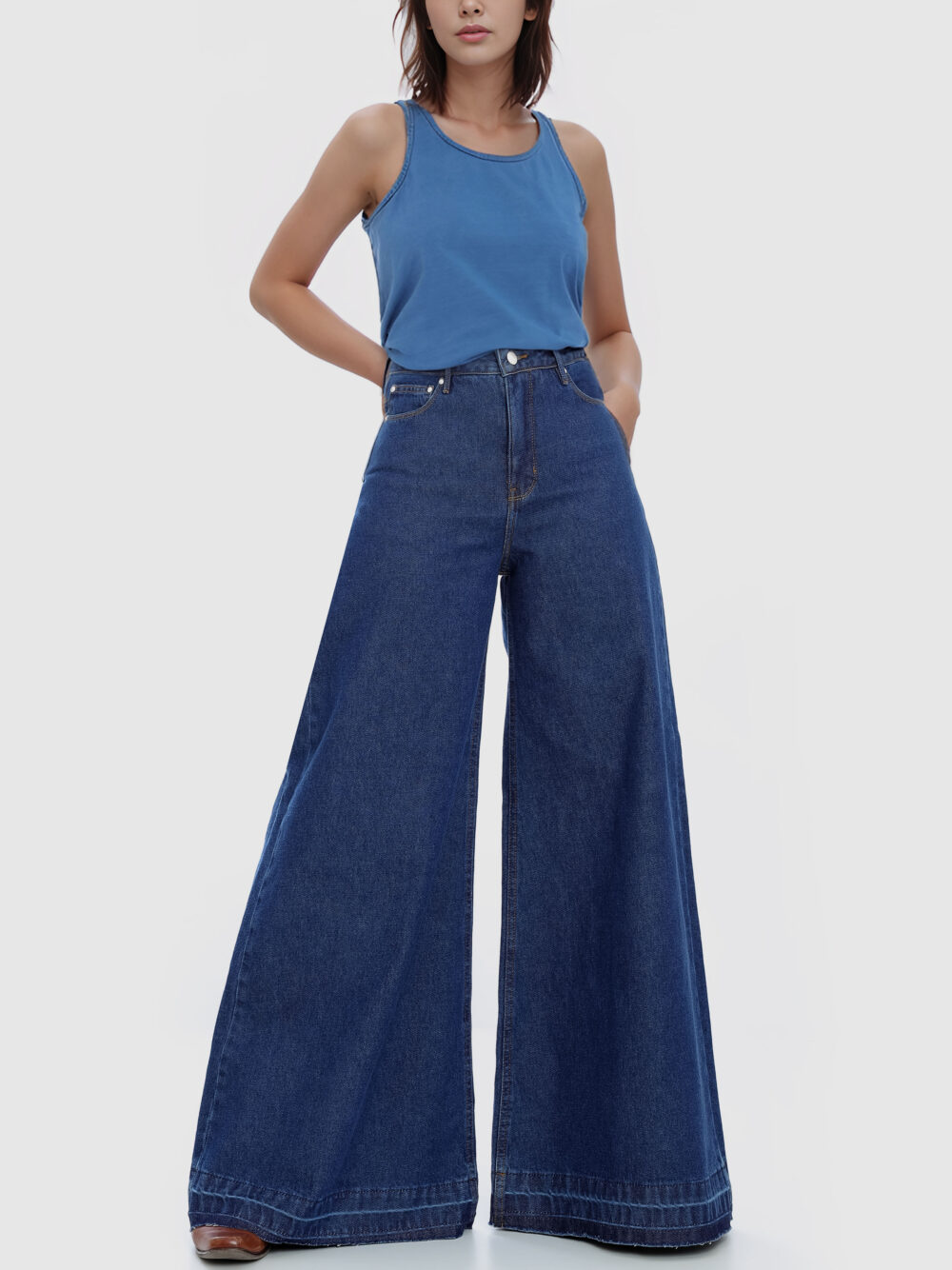 Calça Super Wide Leg Barra Desfeita Jeans Azul Índigo